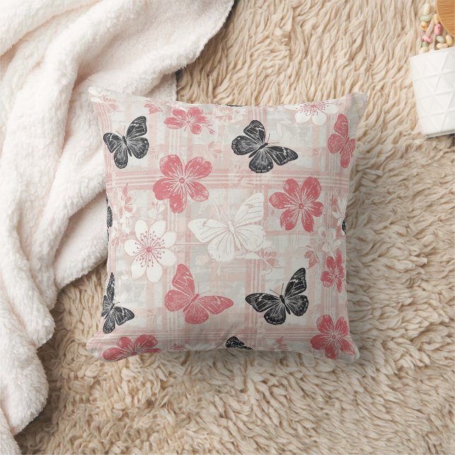 Vintage Botanical Butterfly Toile Pattern (3) Throw Pillow (Blanket)