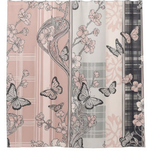 Vintage Botanical Butterfly Toile Pattern (4) Shower Curtain