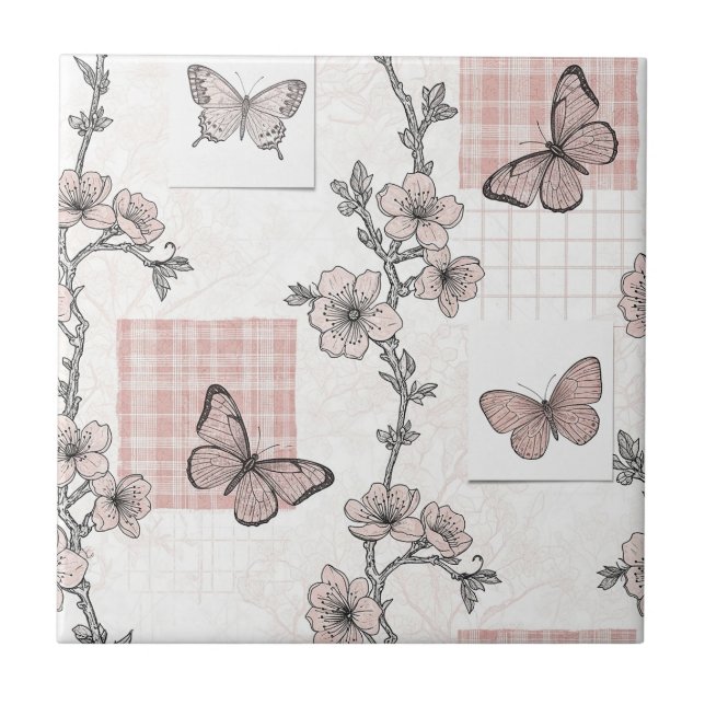 Vintage Botanical Butterfly Toile Pattern (5) Ceramic Tile (Front)