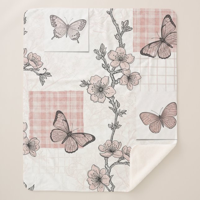 Vintage Botanical Butterfly Toile Pattern (5) Sherpa Blanket (Front)