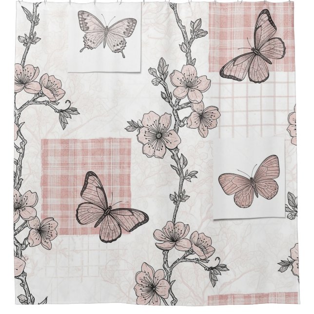 Vintage Botanical Butterfly Toile Pattern (5) Shower Curtain (Front)