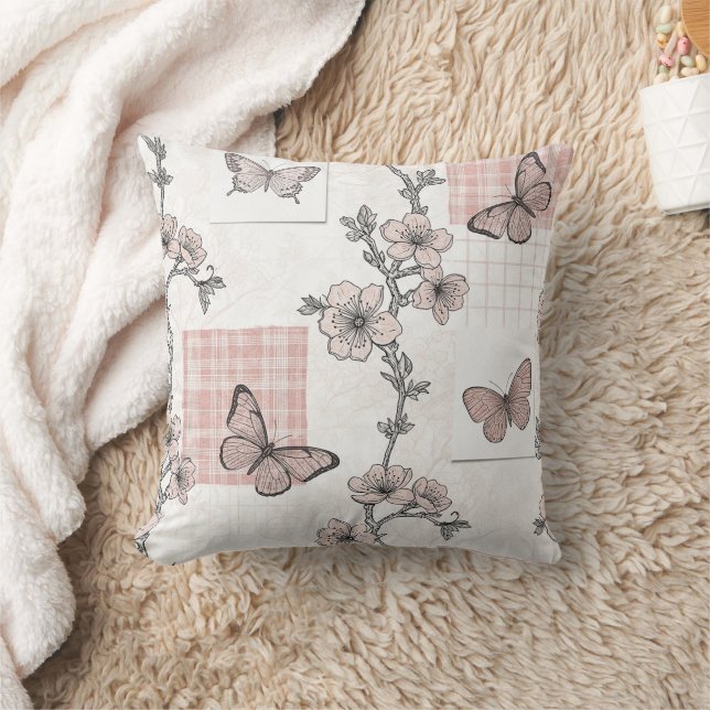 Vintage Botanical Butterfly Toile Pattern (5) Throw Pillow (Blanket)