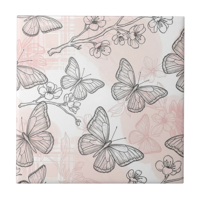 Vintage Botanical Butterfly Toile Pattern (6) Ceramic Tile (Front)