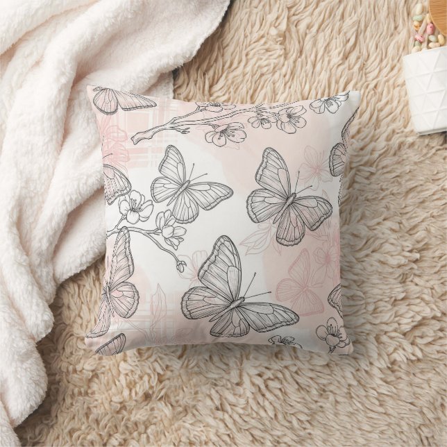 Vintage Botanical Butterfly Toile Pattern (6) Throw Pillow (Blanket)