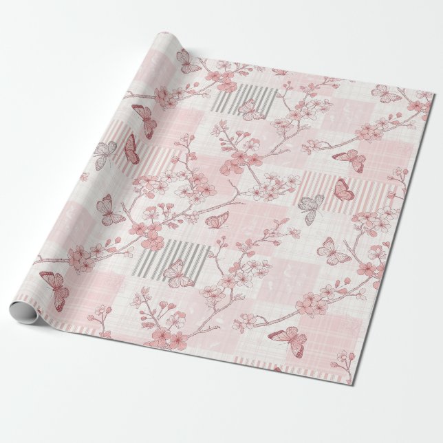 Vintage Botanical Butterfly Toile Pattern (6) Wrapping Paper (Unrolled)