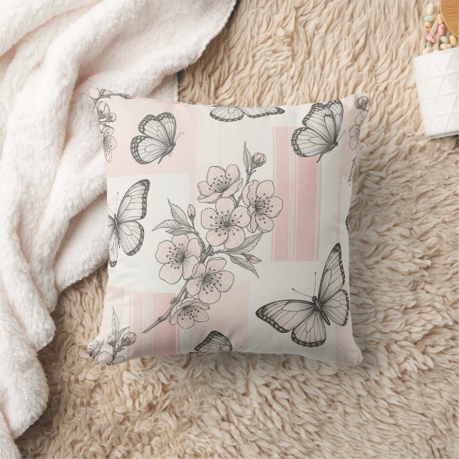 Vintage Botanical Butterfly Toile Pattern (9) Throw Pillow (Blanket)