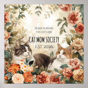 Vintage Botanical Cat Mom Society Floral Art Decor