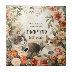 Vintage Botanical Cat Mom Society Floral Art Decor Ceramic Tile