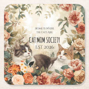 Vintage Botanical Cat Mom Society Floral Art Decor Square Paper Coaster