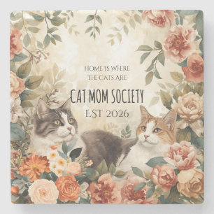 Vintage Botanical Cat Mom Society Floral Art Decor Stone Coaster