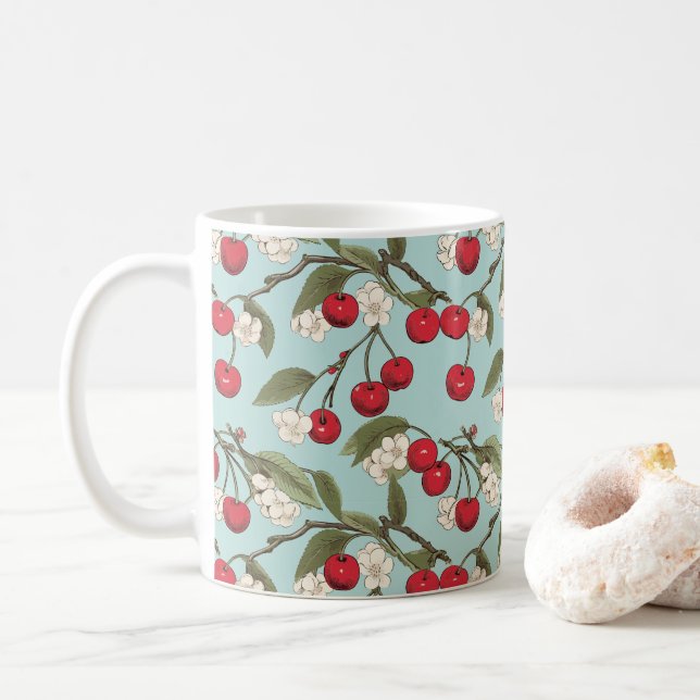 Vintage Botanical Cherries Pattern Ceramic Mug (With Donut)