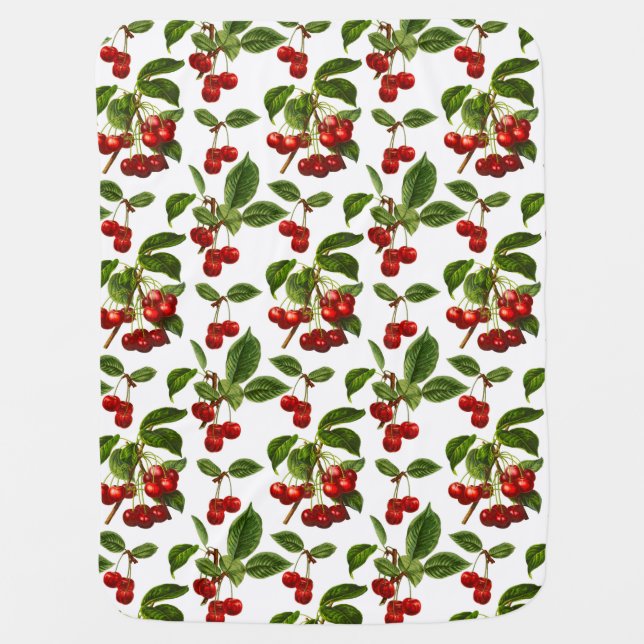 Vintage Botanical Cherries Print on White Baby Blanket (Front)