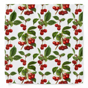 Vintage Botanical Cherries Print on White Bandana