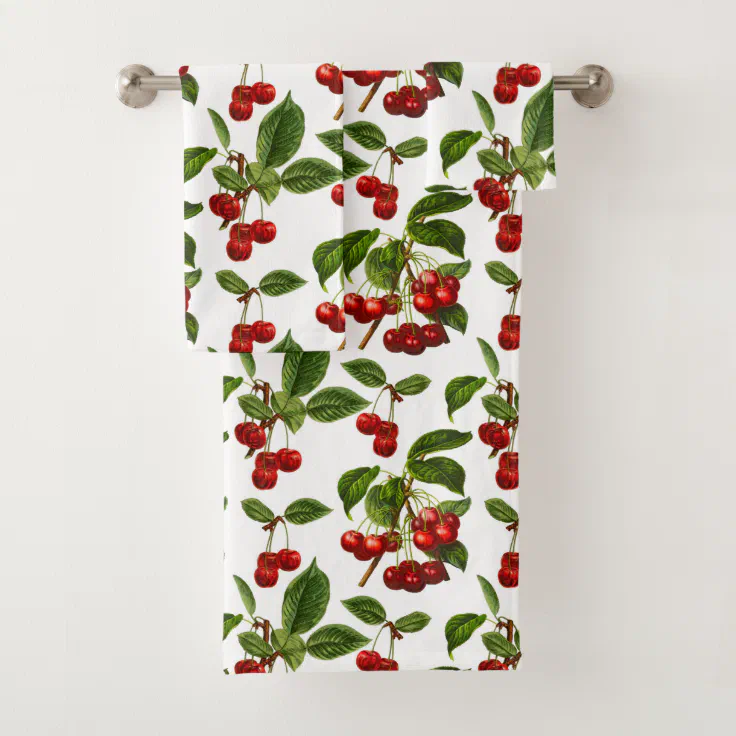 Vintage Botanical Cherries Print on White Bath Towel Set | Zazzle