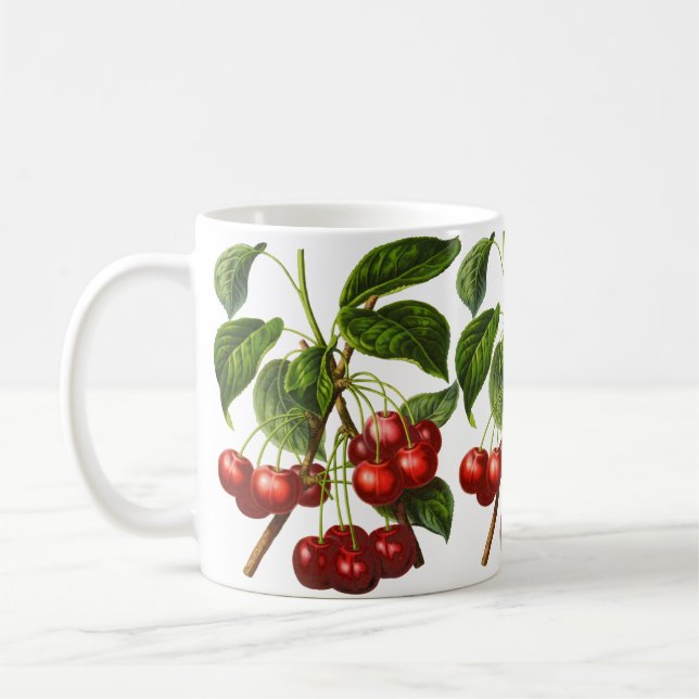 Vintage Botanical Cherries Print on White Coffee Mug (Left)