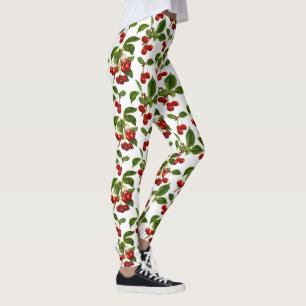 Vintage Botanical Cherries Print on White Leggings