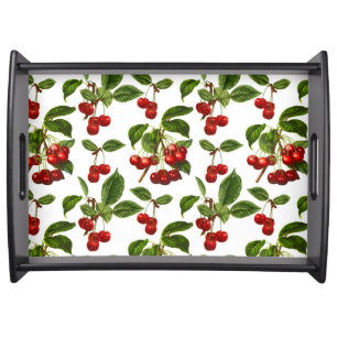 Vintage Botanical Cherries Print on White Serving Tray