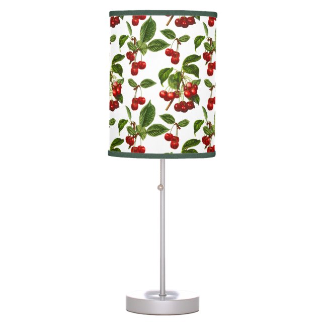 Vintage Botanical Cherries Print on White Table Lamp (Front)