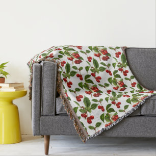 Vintage Botanical Cherries Print on White Throw Blanket