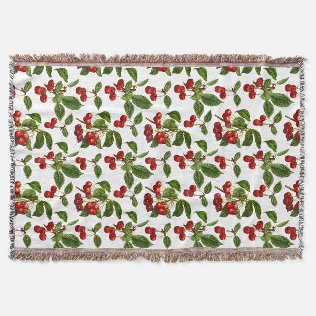 Vintage Botanical Cherries Print on White Throw Blanket (Front)