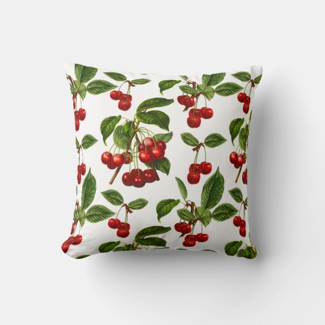 Vintage Botanical Cherries Print on White Throw Pillow (Front)