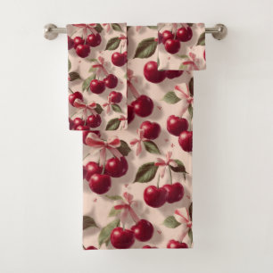 Vintage Botanical Cherry and Ribbon Pattern Bath Towel Set