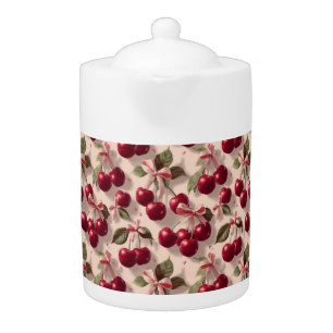 Vintage Botanical Cherry and Ribbon Pattern Teapot