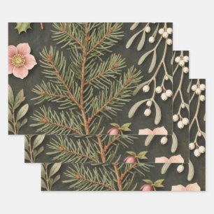 Vintage Botanical Christmas Deep Burgundy Green Wrapping Paper Sheets