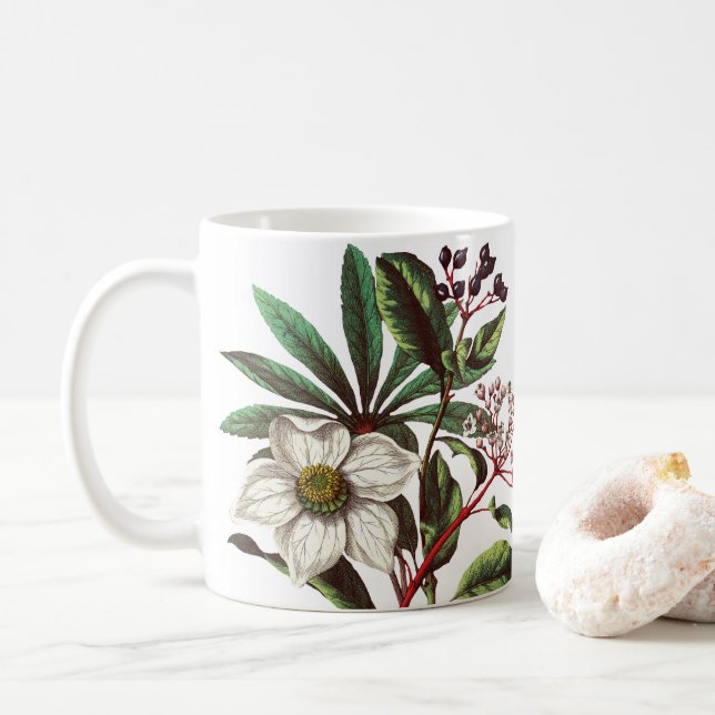Vintage Botanical Christmas Rose Flower Bouquet Coffee Mug (With Donut)
