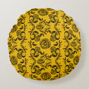 Vintage Botanical Citrus Fruit Print Round Pillow