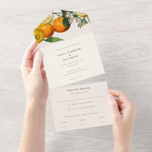 Vintage Botanical Citrus Lemon Fruits Wedding All In One Invitation