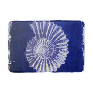 vintage botanical Coastal Blue White seashell Bath Mat