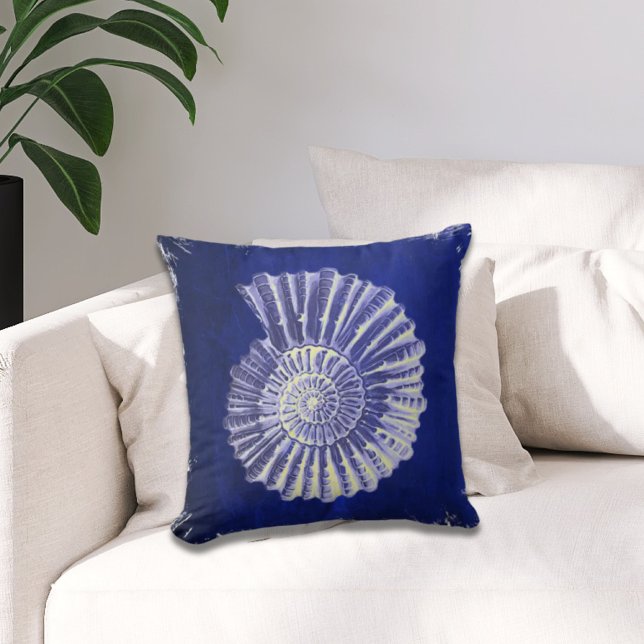 vintage botanical Coastal Blue White seashell Throw Pillow (Creator Uploaded)