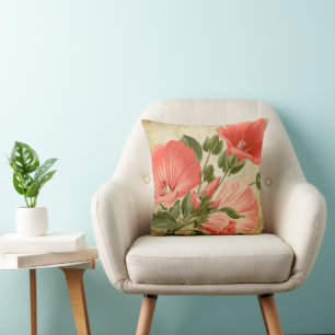Vintage Botanical Coral Floral Print Antique Throw Pillow