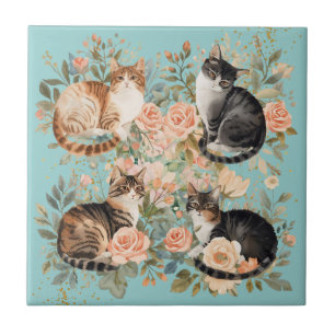 Vintage Botanical Cottagecore Cat Lover Gift Ceramic Tile