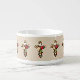 Vintage Botanical Cross of Roses Religious Art Bowl