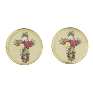 Vintage Botanical Cross of Roses Religious Art Cufflinks