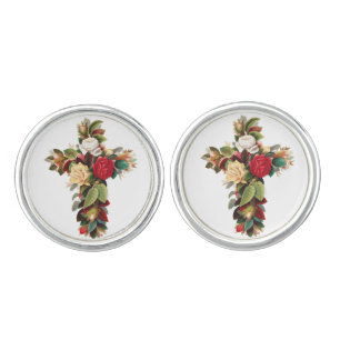 Vintage Botanical Cross of Roses Religious Art Cufflinks