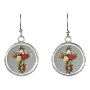 Vintage Botanical Cross of Roses Religious Art Earrings