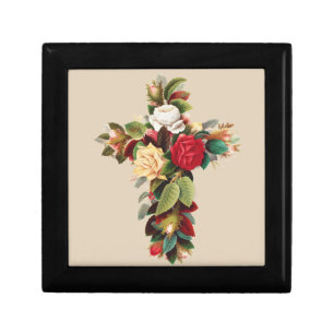 Vintage Botanical Cross of Roses Religious Art Gift Box