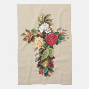 Vintage Botanical Cross of Roses Religious Art Kitchen Towel