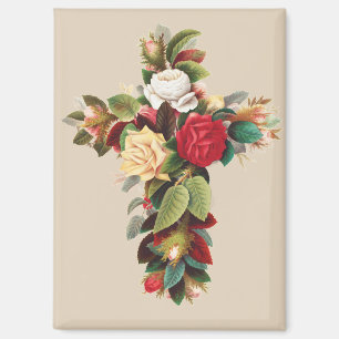 Vintage Botanical Cross of Roses Religious Art Magnet