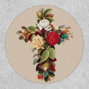Vintage Botanical Cross of Roses Religious Art Patch