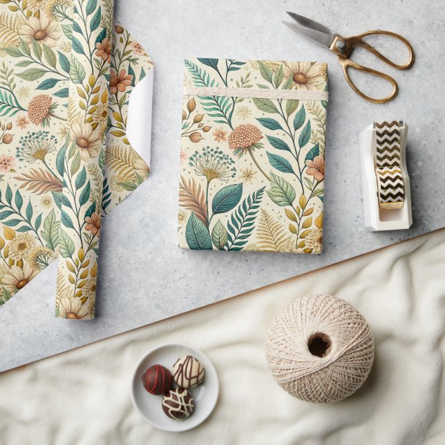 Vintage Botanical Daisy and Leaf Pattern Wrapping Paper (Crafts)