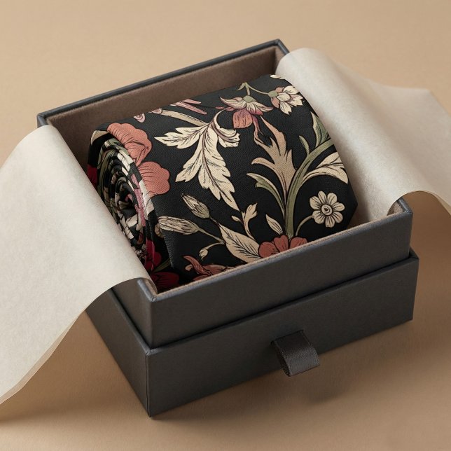 Vintage Botanical Dark Background Neck Tie (#MensFashion
#LuxuryStyle
#Necktie
#FloralTie
#VictorianStyle
#BotanicalPattern
#DarkFloral
#Elegant)