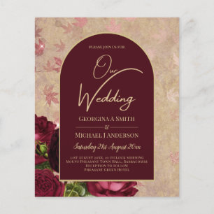 Vintage Botanical Deep Red Roses Wedding Gold Text Flyer