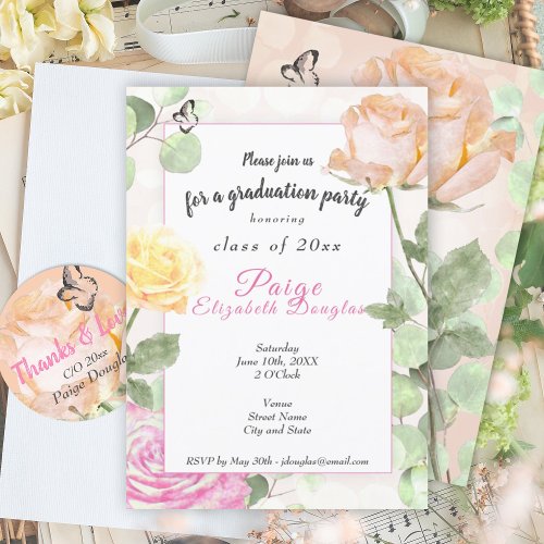 Vintage Botanical Dusty Peach Pink Graduation Invitation
