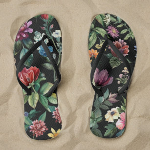 Vintage Botanical Elegance Black Flip Flops