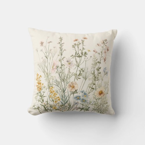Vintage Botanical Elegance Wildflowers  Herbs Throw Pillow
