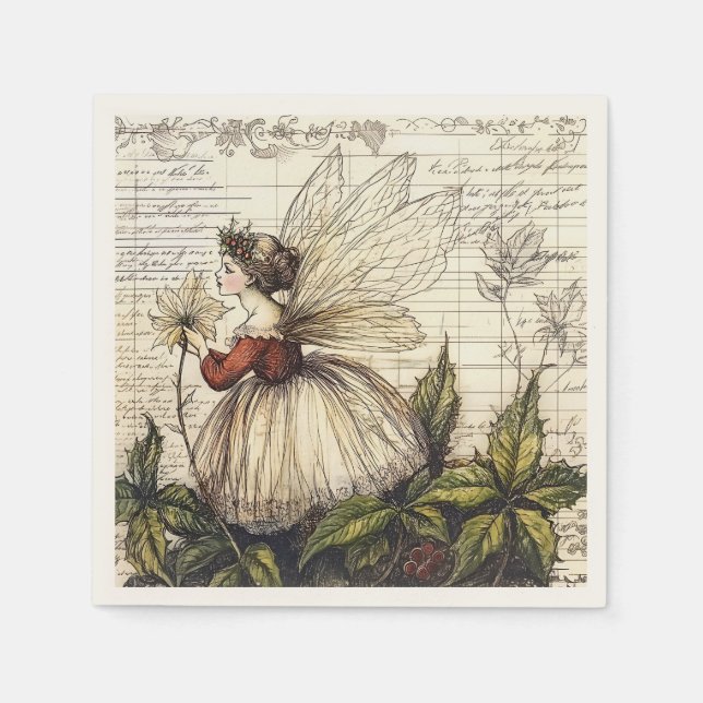 Vintage Botanical Fairy with Antique Script  Napkins (Front)